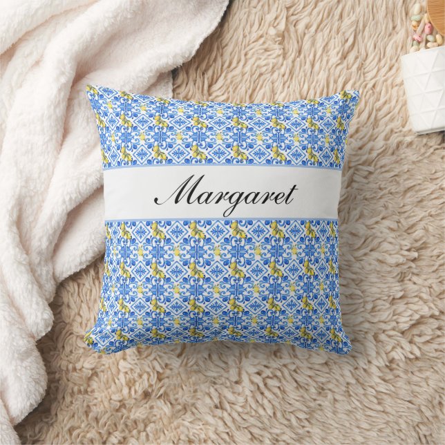 Blue Tile Yellow Lemon Watercolor Monogram Name Throw Pillow (Blanket)
