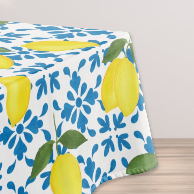 Blue Tile Yellow Lemon Watercolor Tablecloth (Creator Uploaded)