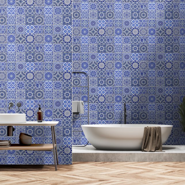 Blue Tiled Mosaic - Mediterranean Vintage Style  Wallpaper (Bathroom)