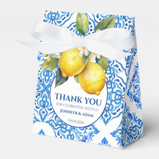 Blue Tiles Amalfi Lemon Wedding Thank You Bag Favor Box (Front Side)
