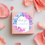 Blue Tiles and Bougainvillea elegant thank you Classic Round Sticker<br><div class="desc">Blue Tiles and Bougainvillea elegant Mediterranean Greek Santorini Mykonos themed wedding thank you favour stickers.</div>