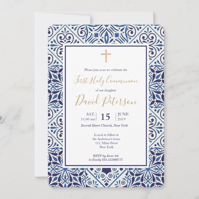 Blue tiles and gold cross Communion Invitation (Front)