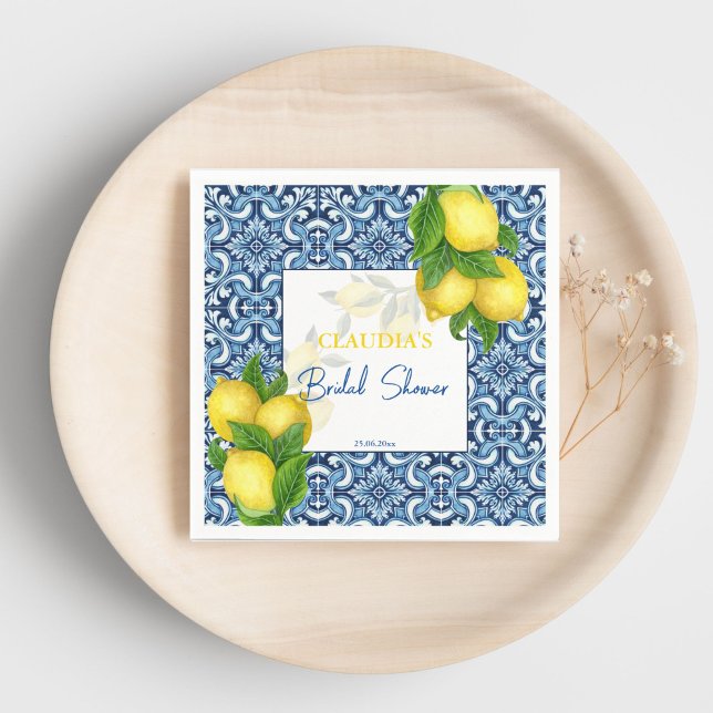 Blue tiles and lemon Amalfi bridal shower custom Napkin (Blue tiles and lemon Amalfi bridal shower custom Napkins personalized bridal shower tableware)