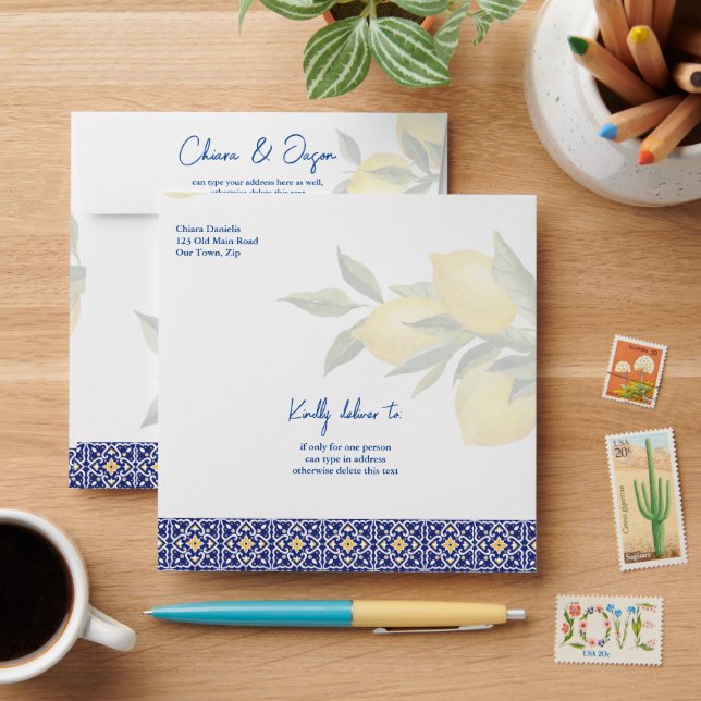 Blue tiles and lemon Amalfi matching square Envelope (Desk)
