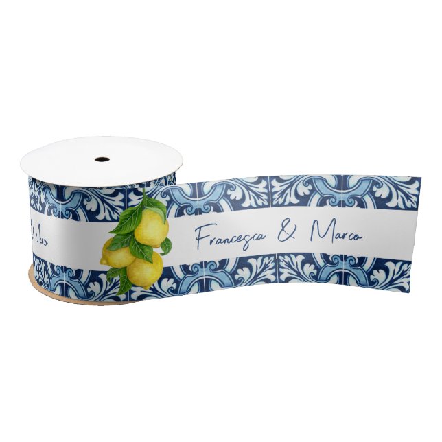 Blue tiles and lemon personalized name gift satin ribbon (Spool)