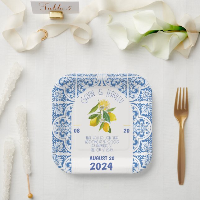 Blue Tiles and Lemons Portugal Wedding Paper Plate (Wedding)