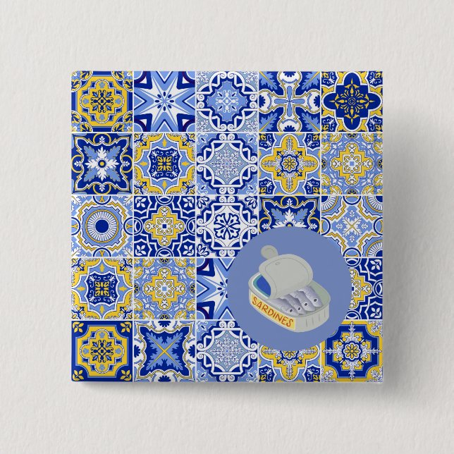  Blue Tiles and Sardines 2 Inch Square Button (Front)