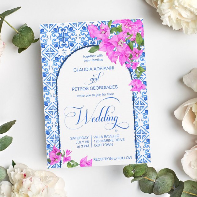 Blue Tiles Bougainvillea elegant wedding  Invitation (Creator Uploaded)