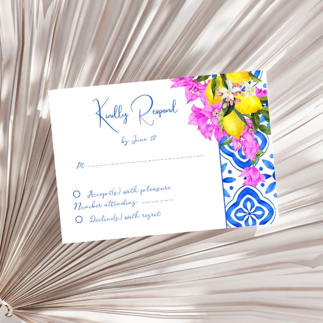 Blue Tiles Bougainvillea lemons elegant wedding  RSVP Card (Blue Tiles Bougainvillea lemons elegant wedding RSVP Card Mediterranean themed white blue pink)