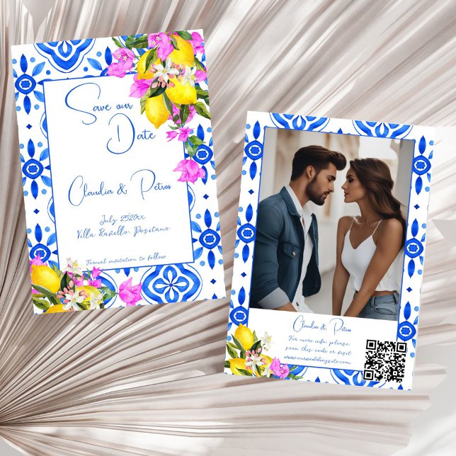 Blue Tiles Bougainvillea lemons elegant wedding  Save The Date (Blue Tiles Bougainvillea lemons elegant wedding photo template Save The Date card Mediterranean)