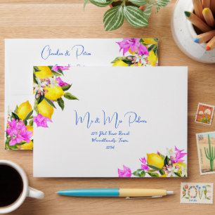 Blue Tiles Bougainvillea lemons wedding addressed Envelope