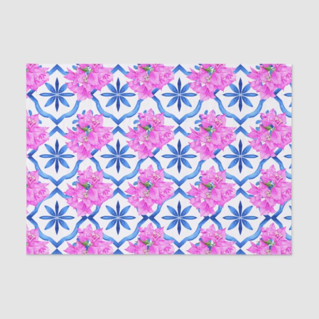 Blue Tiles Bougainvillea Mediterranean themed Tissue Paper (Front)