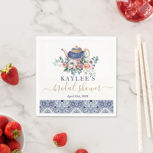 Blue tiles Bridal Shower tea decor Napkin (Insitu)