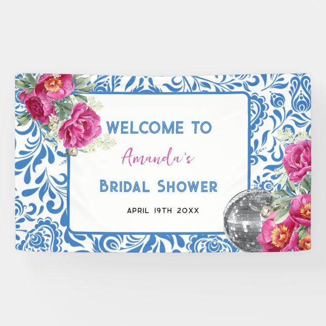 Blue Tiles Dancing Queen Disco Bridal Shower Banner (Horizontal)