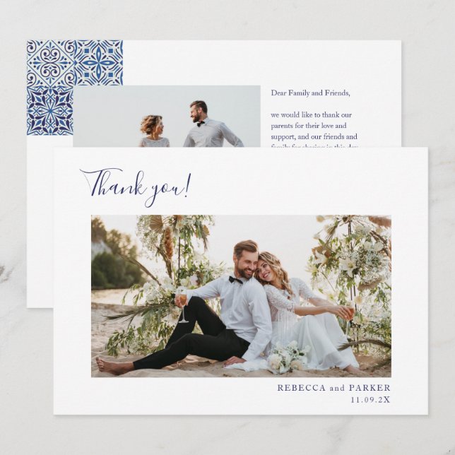 Blue Tiles elegant Wedding Thank you photo (Front/Back)