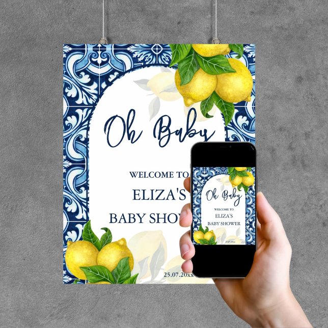 Blue tiles lemon Amalfi baby shower welcome sign (Blue tiles lemon Amalfi baby shower welcome sign template digital download personalized decor)