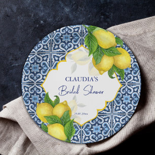 Blue tiles lemon Amalfi bridal shower party Paper Plate