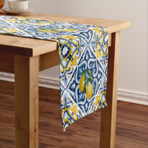 Blue tiles lemon Amalfi Positano Mediterranean  Short Table Runner