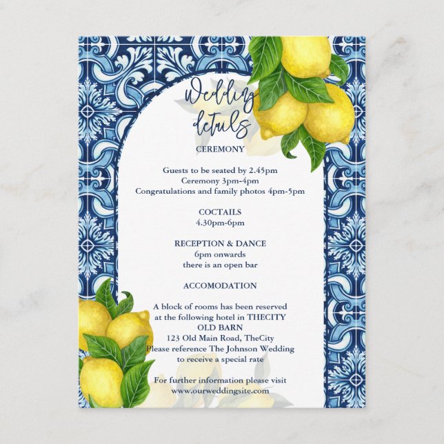 Blue tiles lemon Amalfi Positano wedding details Enclosure Card (Front)