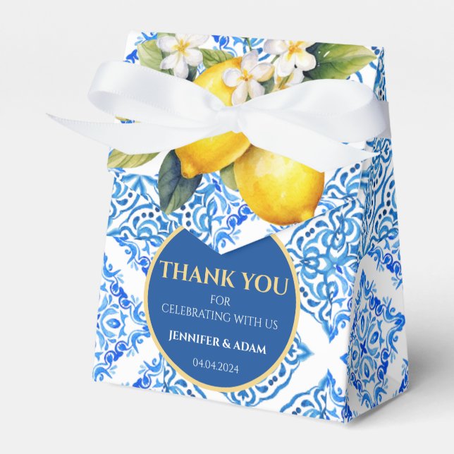 Blue Tiles Lemon Amalfi Wedding Thank You Bag Favor Box (Front Side)