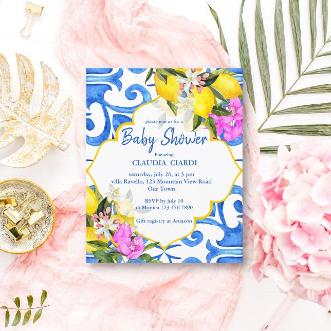 Blue tiles lemon baby shower budget invitation (Creator Uploaded)