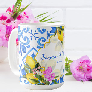 Blue tiles lemon Bougainvillea custom wedding gift Coffee Mug