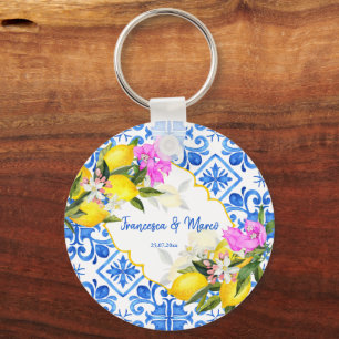 Blue tiles lemon Bougainvillea custom wedding gift Keychain