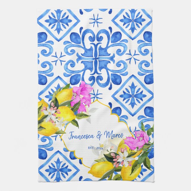 Blue tiles lemon Bougainvillea custom wedding gift Kitchen Towel (Vertical)