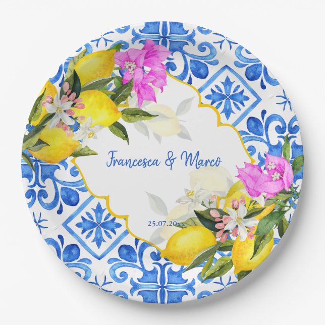 Blue tiles lemon Bougainvillea custom wedding Paper Plate (Front)