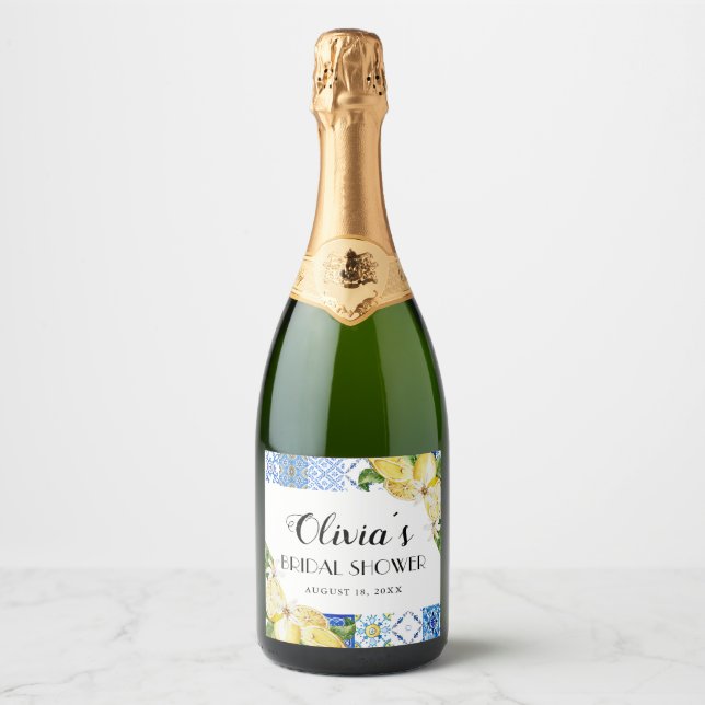 Blue Tiles Lemon Bridal Shower Wine Bottle Label (Front)
