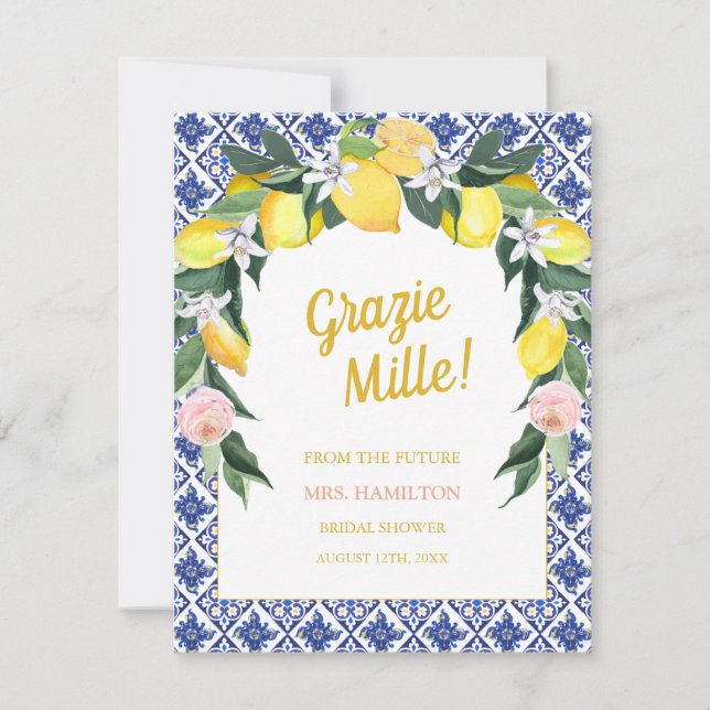 Blue Tiles Lemon Grazie Mille Bridal Shower  Thank You Card (Front)