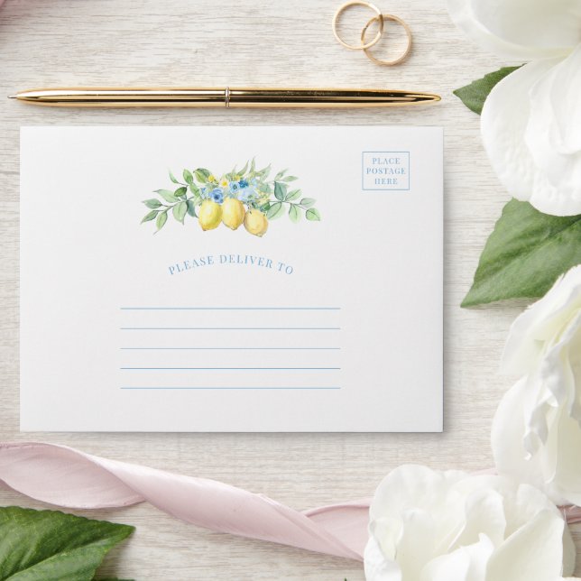Blue Tiles Lemon Mediterranean Wedding Envelope (Wedding)