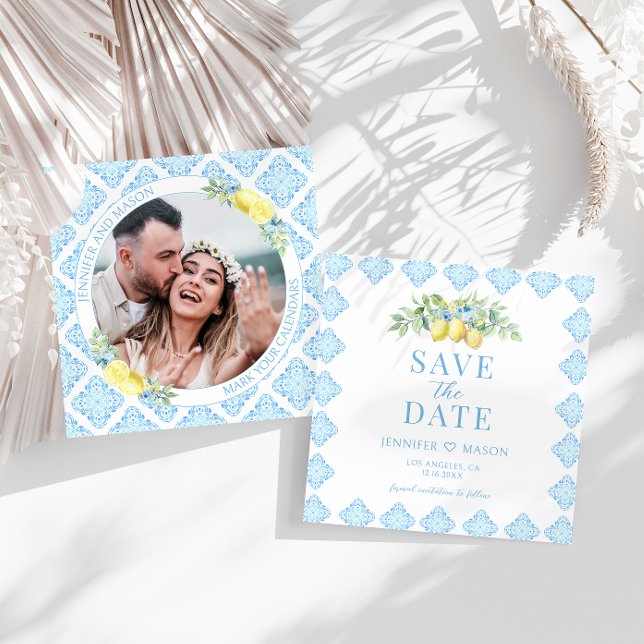 Blue Tiles Lemon Save The Date Photo Invitation (Creator Uploaded)