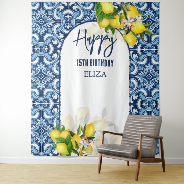 Blue tiles lemons Italian Amalfi Happy Birthday Tapestry (In Situ)
