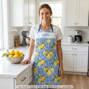 Blue Tiles Lemons Mediterranean Pattern Name Apron