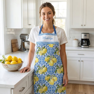Blue Tiles Lemons Mediterranean Pattern Name Apron