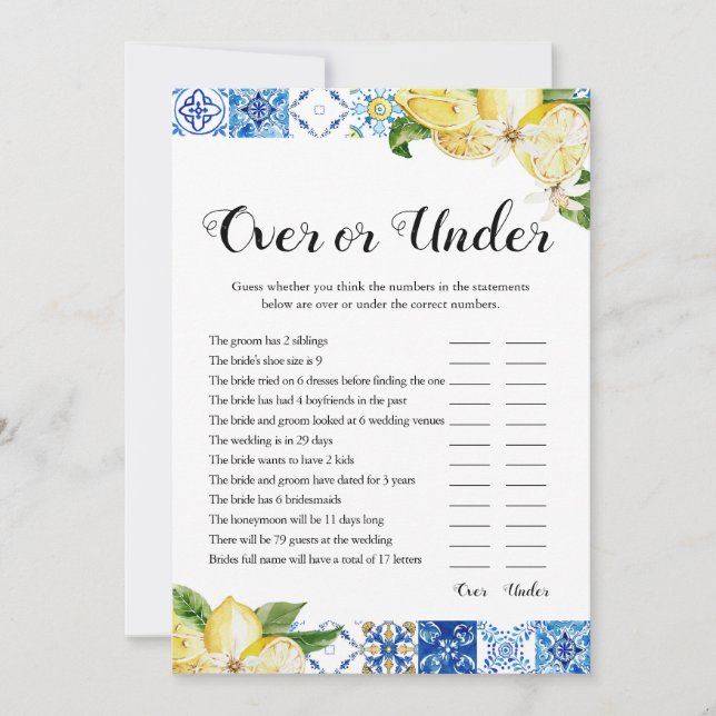 Blue Tiles Lemons Over or Under Bridal Shower Game Invitation (Front)
