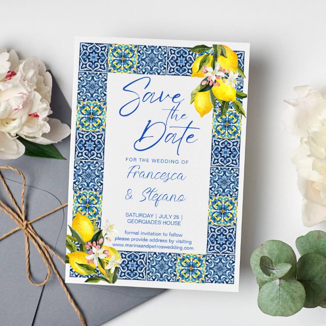 Blue Tiles lemons photo save the date Invitation (Blue Majolica tiles and lemons save the date photo invitation Mediterranean Amalfi themed wedding)