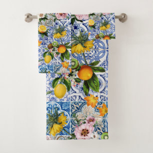 Blue tiles Mediterranean Floral Bath Towel Set