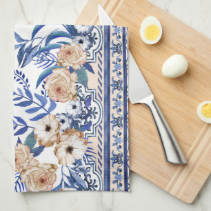 Blue tiles Mediterranean Floral  Kitchen Towel