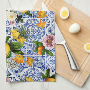 Blue tiles Mediterranean Floral  Kitchen Towel