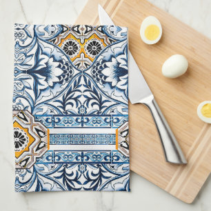 Blue tiles Mediterranean Floral  Kitchen Towel