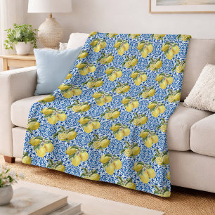 Blue Tiles Mediterranean Lemon Pattern Fleece Blanket
