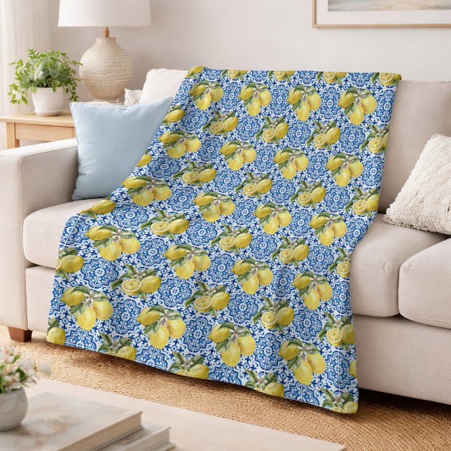 Blue Tiles Mediterranean Lemon Pattern Fleece Blanket (Creator Uploaded)