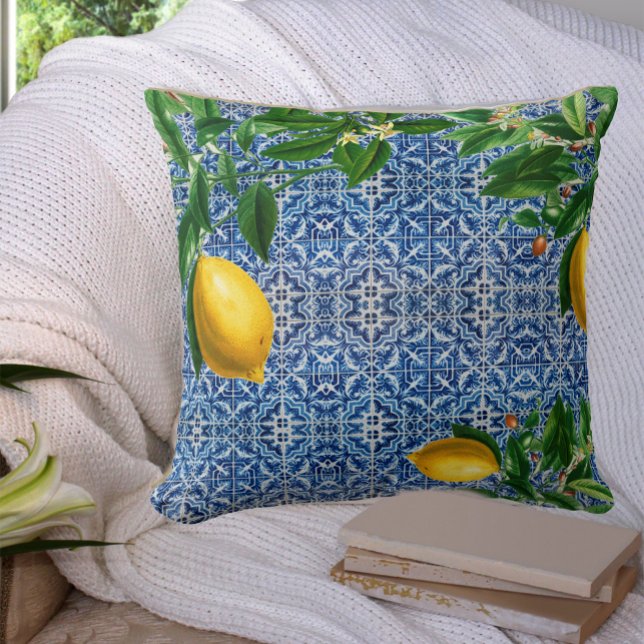 Blue Tiles Mediterranean  Lemons Chic Modern Throw Pillow (Creator Uploaded)