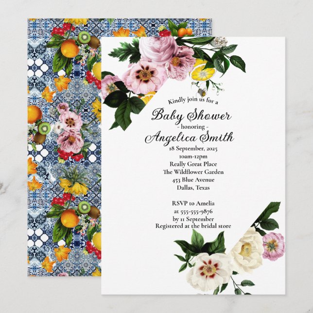 Blue tiles Mediterranean Pattern Baby Shower  Invitation (Front/Back)