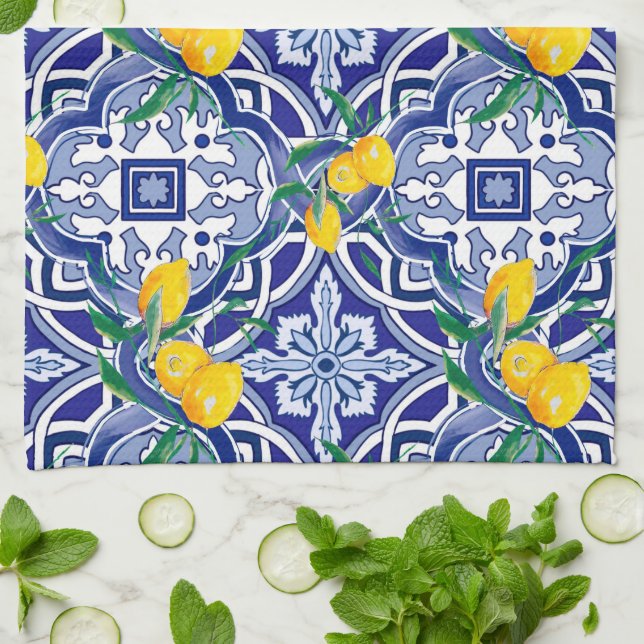 Blue tiles,Mediterranean tiles,majolica     Kitchen Towel (Folded)