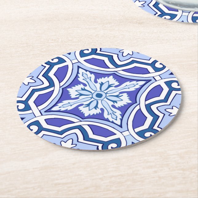 Blue tiles,Mediterranean tiles,majolica  Round Paper Coaster (Angled)