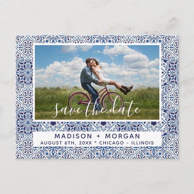 Blue Tiles Photos Save the Date Announcement Postcard (Front)
