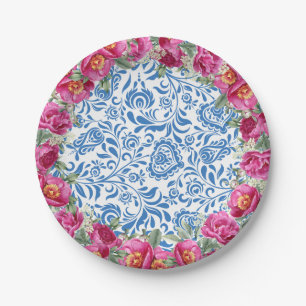 Blue Tiles Pink Flower Mediterranean Party Paper Plate